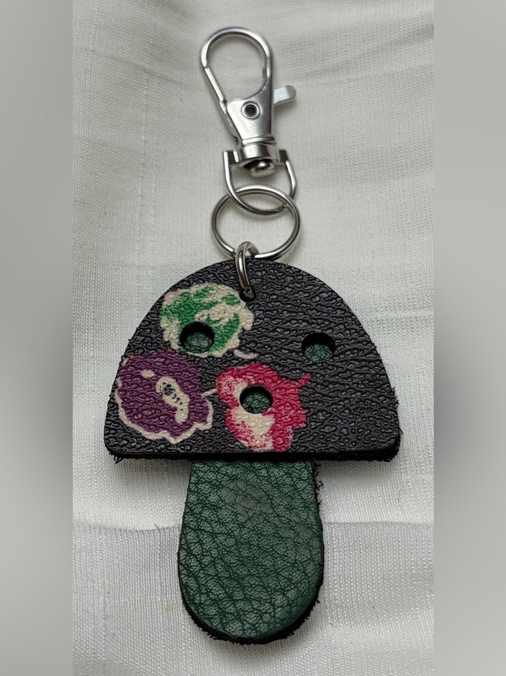 Upcycled COACH Leather Mushroom Keychain Charm in Black Floral and Green